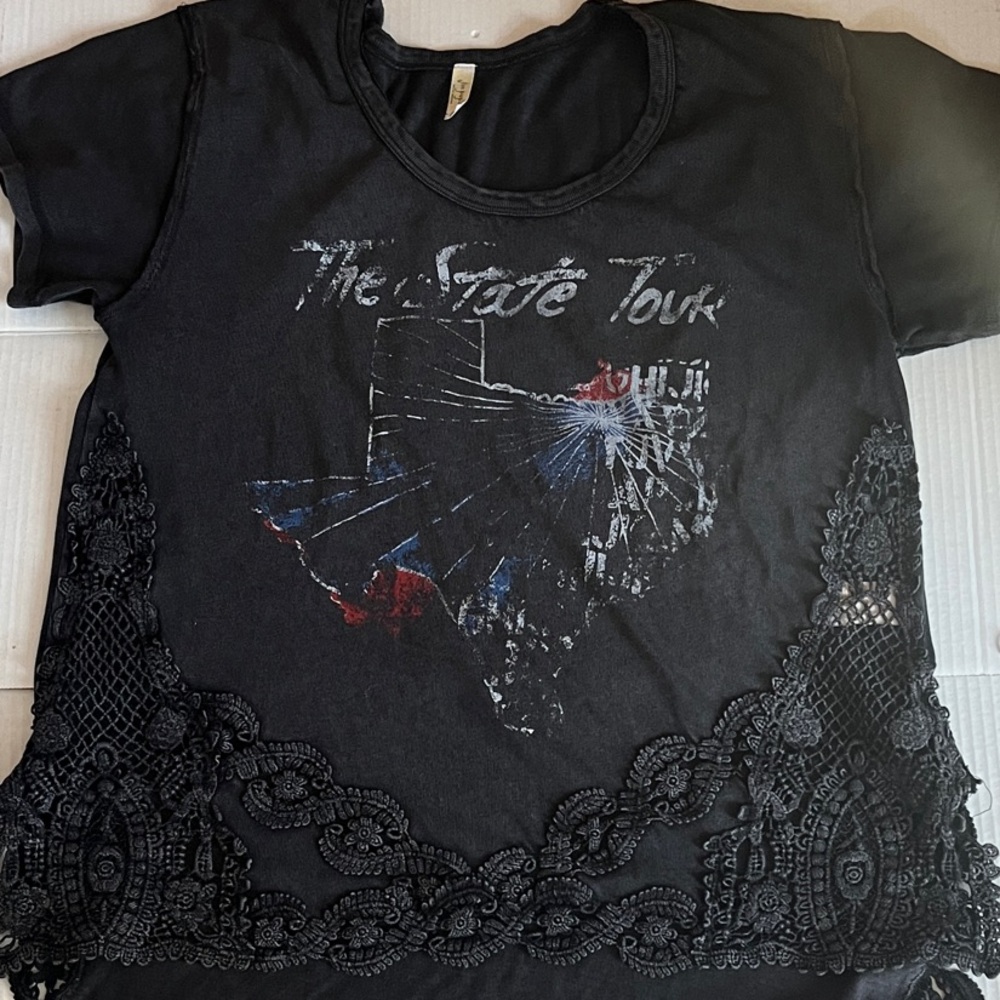 FP Vintage Movement by Free People Black Graphic Lace-Trim Jersey Top